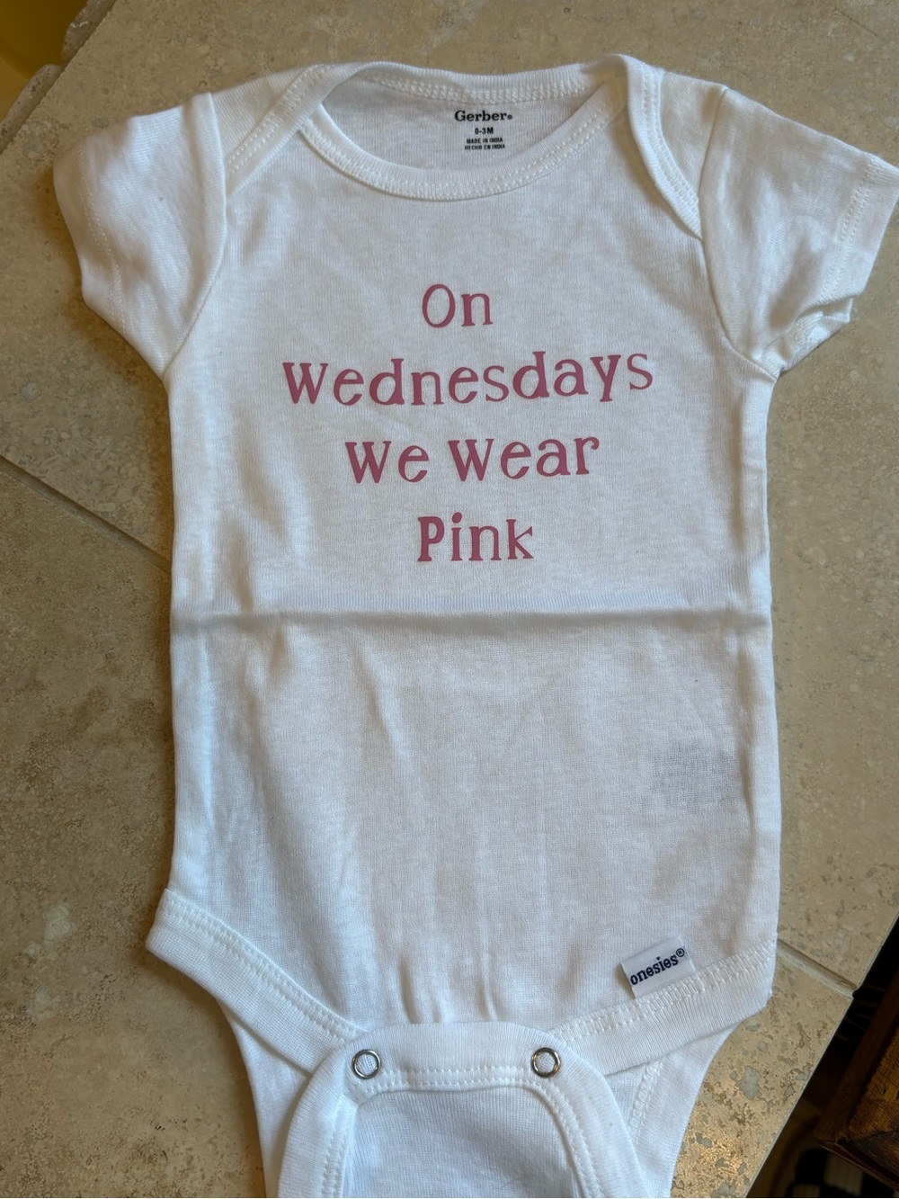 Gerber White Baby Onesie with Pink Script Text